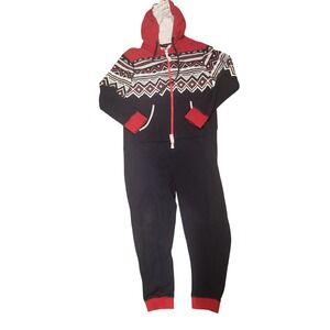 Simons Fair Isle Print Hooded‎ Onesie Pajamas M/M Red Black White